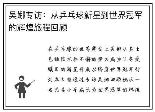 吴娜专访：从乒乓球新星到世界冠军的辉煌旅程回顾